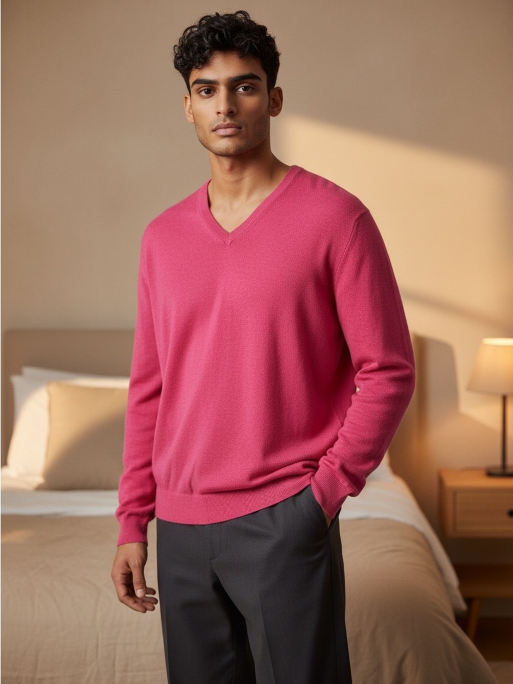 Peter Millar Men's V-Neck Sweater in Fuchsia Pink New